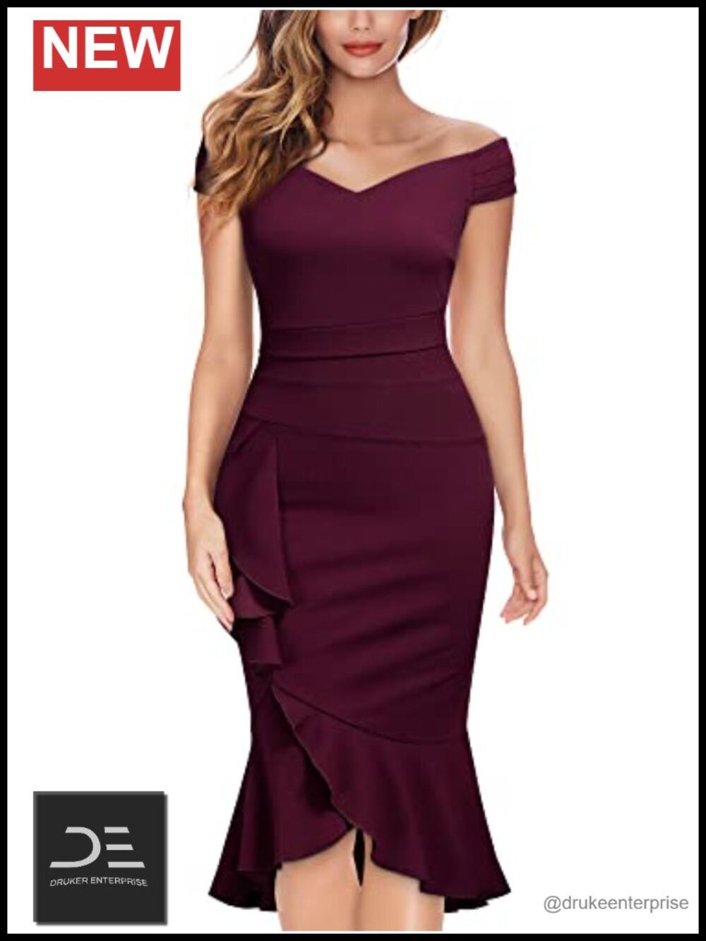 Off Shoulder V-Neck Ruffle Pleat Waist Bodycon Evening Cocktail Slit Formal